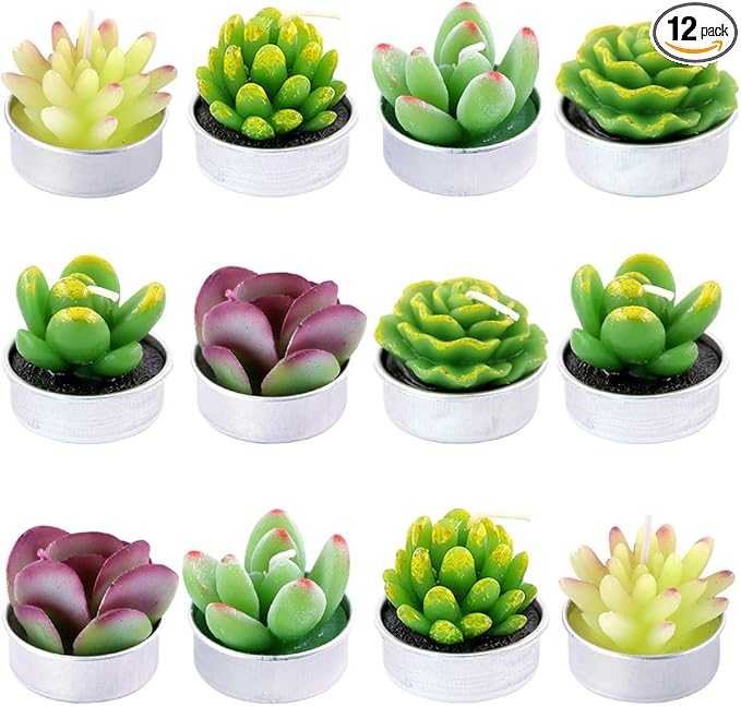 Swpeet 12Pcs Decorative Succulent Cactus Tealight Candles Kit, Cute Smokeless Succulent Plants Perfect for Candles Festiva...
