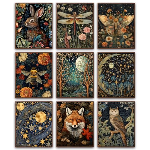 Morris Wall Paintings poster Set of 9, Vintage Rabbit Fox Starry Sky Bee Butterfly Dragonfly Poster Prints, Botanical Natu...