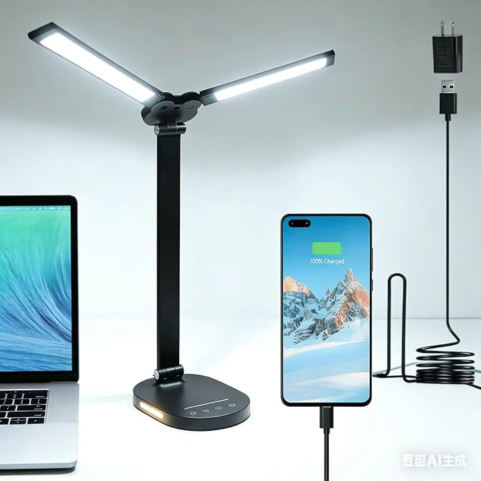 LED Desk Lamps for Home Office, 14W Bright Double Swing Arm LED Desk Lamp with USB Charging Port, Eye-Caring Task Lamp, De...
