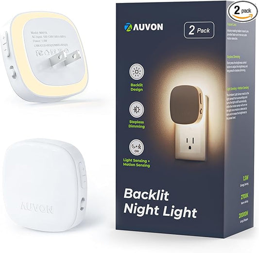 AUVON Plug-in LED Backlit Night Light with Motion Sensor & Dusk to Dawn Sensor, Dimmable Warm White Nightlight with 1-50 l...