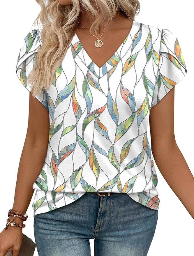 WIHOLL Womens Tops Dressy Casual Petal Sleeve Summer Spring Short Sleeve V Neck Shirts Work Business Vacation Clothes 2026