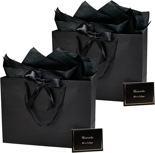 Papertide 2 Pack 16x6x12 Inch Large Black Gift Bag Set with Tissue Paper, Greeting Card & Ribbon, Big Gift Wrapping Kits f...