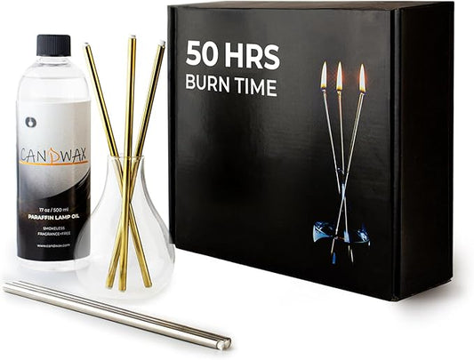 CANDWAX Refillable Candle - Everlasting Glass Oil Candle Gift Set with Lamp Oil Bottle 17oz, Funnel and 2 Sets of Metal Wi...