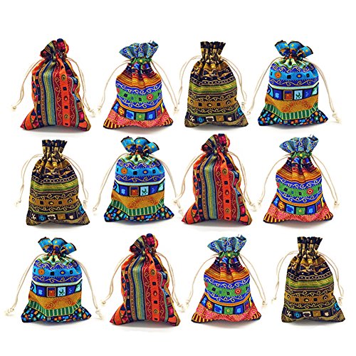 GALAOMA 12pc Egyptian Style Jewelry Coin Pouches Aztec Print Drawstring Gift Bag Party Accessories Brocade Cotton Sachet C...