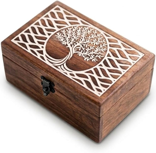 Rustic Wooden Memories Keepsake Box (8x5x3in) | Decorative Celestial Witchy Box For Alchemy, Tarot Card, Apothecary, Alta...