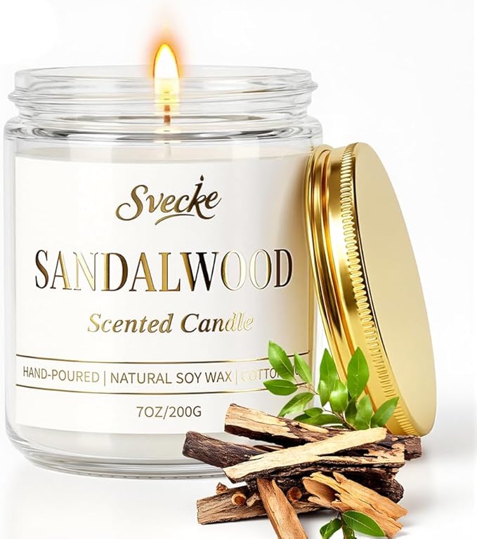 SVECKE Sandalwood Scented Candle 7oz Soy Wax Jar Candle Long Burning Aromatherapy Candle for Home Bedroom Gift for Women M...