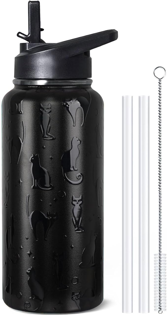 bmxbsk 32 oz Halloween Tumbler 3d-Printed Black Cat Tumblers Insulated Water Bottle with Straws and Flip Lid Stainless Ste...