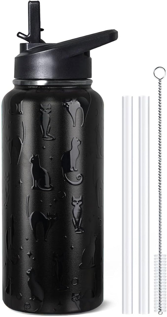bmxbsk 32 oz Halloween Tumbler 3d-Printed Black Cat Tumblers Insulated Water Bottle with Straws and Flip Lid Stainless Ste...