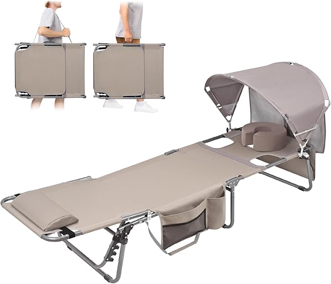 Tanning Chair with Sun Canopy Face Hole Softer Padded Adjustable Washable, Heavy Duty Layout Folding Lounge Chair for Adul...