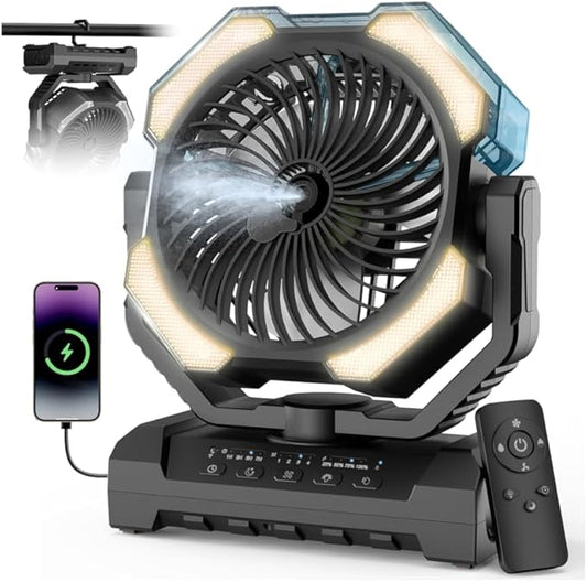 Aopircs Camping Misting Fan - 24000mAh Portable Battery Powered Fans with 9oz Water Tank, Light, Hook - Rechargeable, 120H...