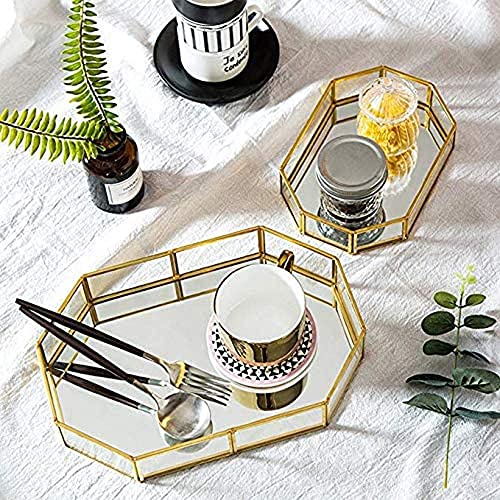 Decorative Metal Mirror Catchall Tray, Glass Vanity Tray, Dresser Tray, Jewelry Display Tray, Vanity Organizer for Accent ...