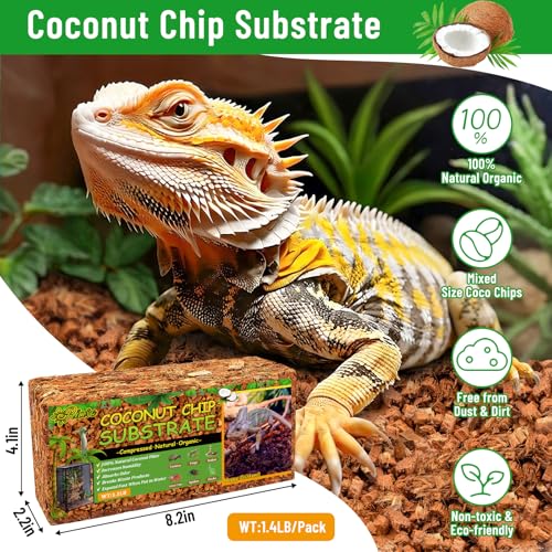 Riare 4 Pack Natural Coconut Chip Substrate for Reptiles- Compressed Coconut Husk Reptiles Bedding, Coco Husk Chip Terrari...