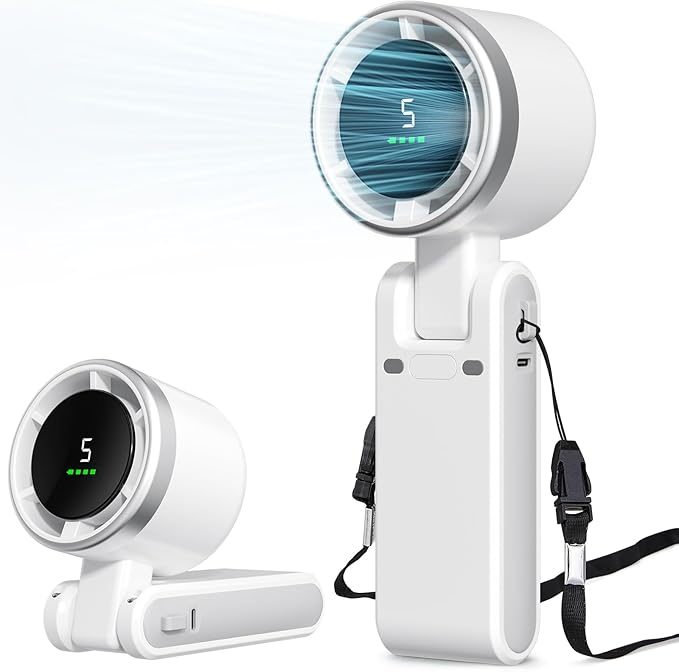 Azdedut Portable Fan, Mini Fan, Handheld Turbo Fan, Portable Rechargeable Fan, 5-Speed, LED Display, Foldable Design (White)