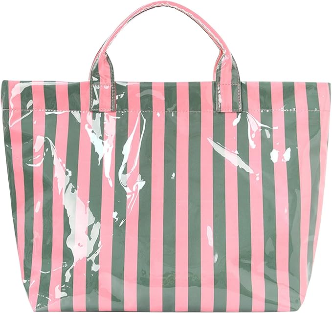 JQWYGB Striped PVC Tote Bag Large Glossy Striped Handbags Waterproof Top Handle Bag Plastic Tote Handbag Beach Travel Work