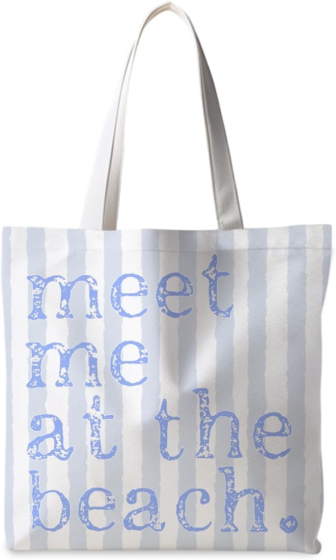 ignytiger Beach Tote Bag, Summer Canvas Striped Tote Bags for Women, Meet Me At The Beach Aesthetic Shopping Bag
