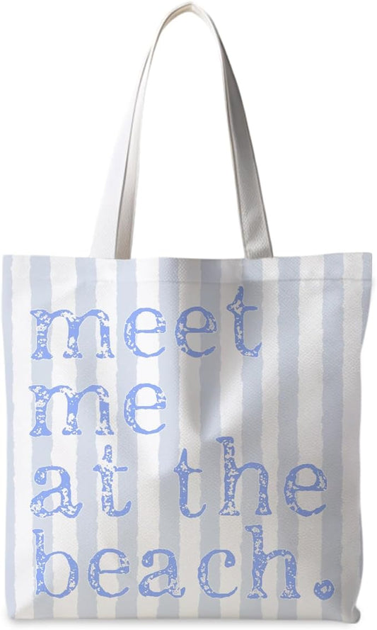 ignytiger Beach Tote Bag, Summer Canvas Striped Tote Bags for Women, Meet Me At The Beach Aesthetic Shopping Bag