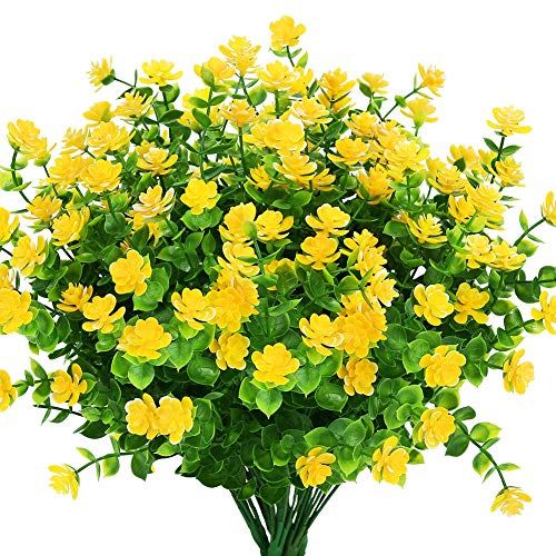 KLEMOO 8 Bundles Outdoor Artificial Fake Flowers UV Resistant No Fade Boxwood Faux Plastic Plants for Garden Patio Porch W...