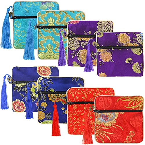 PINOWU 8pcs Silk Brocade Jewelry Bags with Zipper (11.5x11.5cm), Jewellery Silk Purse Pouch Gift Bags for Women Coins Trav...