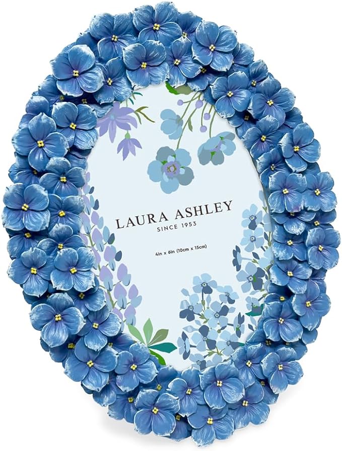 Laura Ashley 4x6 Blue Hydrangea Flower Textured Hand-Crafted Resin Oval Picture Frame with Easel & Hook, Tabletop & Wall D...