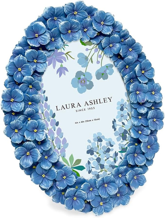 Laura Ashley 4x6 Blue Hydrangea Flower Textured Hand-Crafted Resin Oval Picture Frame with Easel & Hook, Tabletop & Wall D...