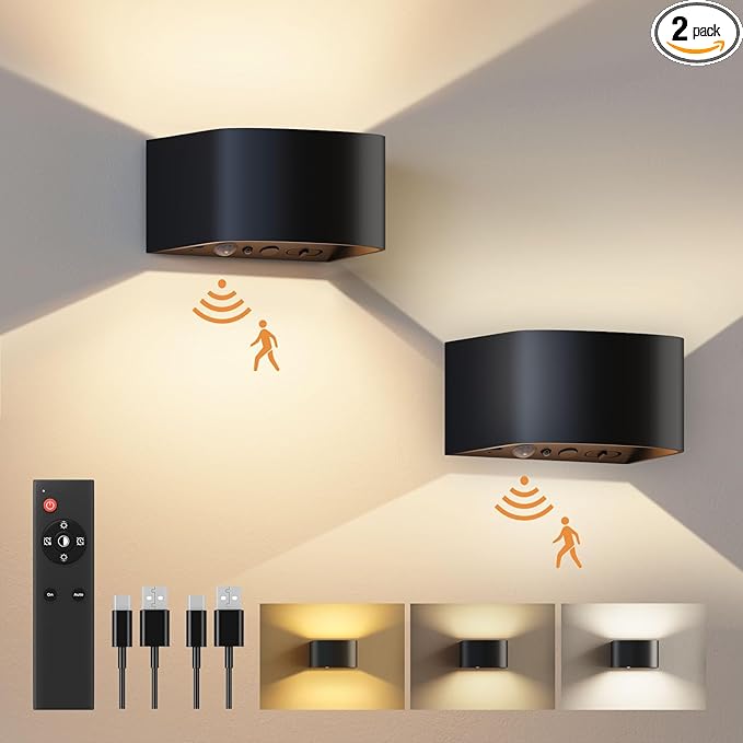 FULEN Motion Sensor Wall Light with Remote Control 3 Colors Wireless Wall Lamp LED Indoor Up and Down Wall Sconce 5000mAh ...