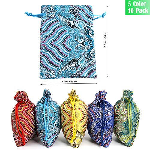 PINOWU 10pcs Silk Brocade Jewelry Pouch Bag 4x5.5 for Wedding Party Favors, Drawstring Coin Purse Embroidered Sachet Candy...