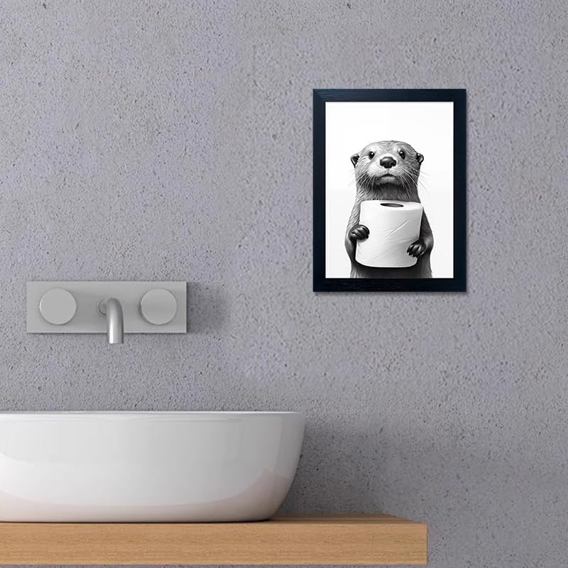 Bathroom Picture Wall Decor, Framed Black and White Bathroom Wall Art, Toilet Paper in Little Funny Raccoon's Hand Animal ...