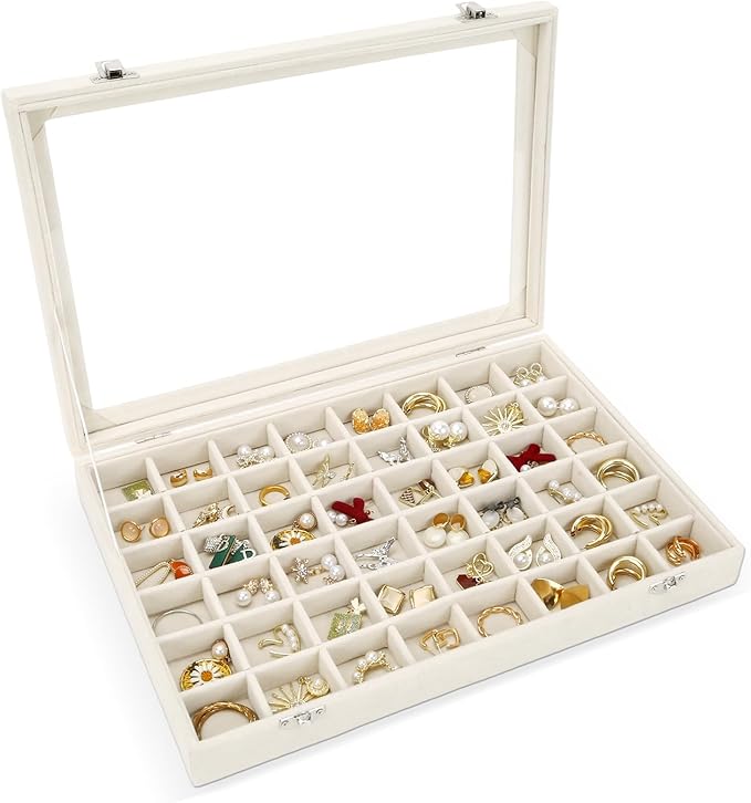 DUNPUTE Velvet Jewelry Organizer Storage Tray, 48 Grid Adjustable Earring Holder Organizer with Clear Lid, Jewelry Display...