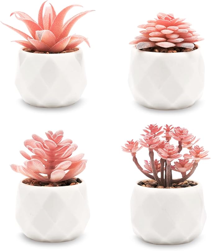 VIVERIE Mini Faux Succulents Plants Artificial in Pots-Rose Pink Desk Accessories, Small Fake Succulents Plants for Home D...