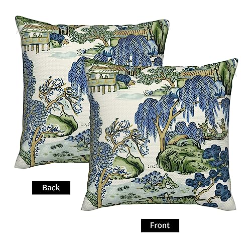 Wsunsal Chinoiserie Pillow Covers 16x16 Inch Set of 2, Asian Scenic Blue and Kelly Green Throw Pillows Farmhouse Chinoiser...