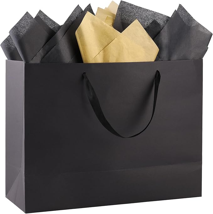 Addblu 3 Pack Extra Large Black Gift Bags with Handles - Includes 9 Tissue Papers, 16x6x12 Inches for Men Birthday Party, ...