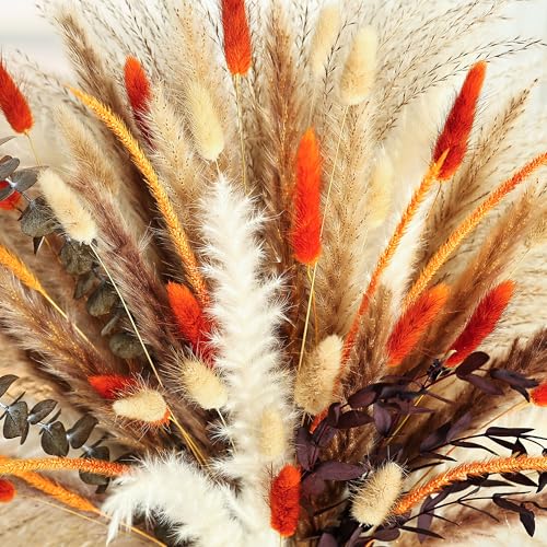 Orange Dried Pampas Grass Bouquet, 17 Inch, Bunny Tail,Eucalyptus,Natural Dried Floral Arrangement for Boho Rustic Wedding...