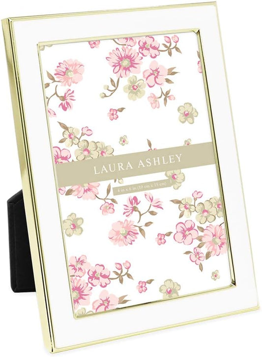 Laura Ashley 4x6 White Enamel Picture Frame, Gold Metal Edge with Easel, for Countertop, Counterspace, Tabletop Display, B...