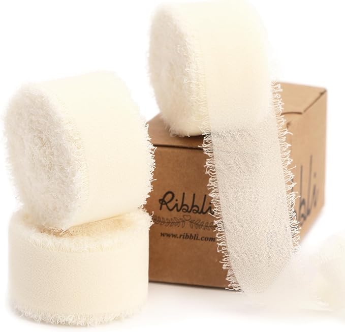 Ribbli Ivory Ribbon 1 Inch x 3 Rolls Total 24 Yards Ivory Handmade Fringe Chiffon Silk Ribbon for Wrapping Wedding Invitat...