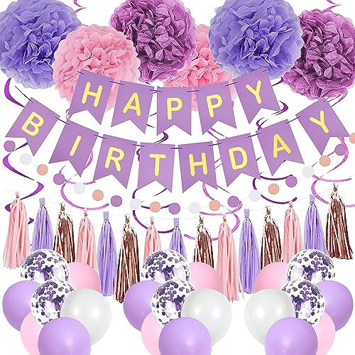 Purple Pink Birthday Party Decorations for Women Girls with Happy Birthday Banner,Hanging Swirls,Tissue Paper Pompoms,Circ...