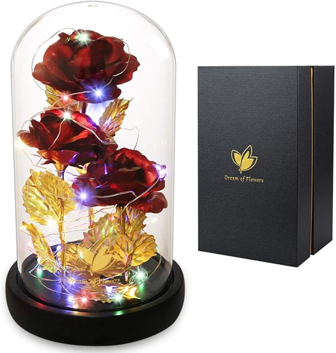 Mothers Day Flower Gifts for Mom,Wife,Mother Rose Galaxy Flower Red Rose in Glass Dome,Light Up Rose Flowers with 2 Lighti...