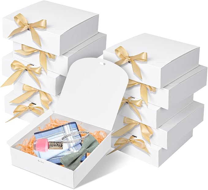 WLUSEAXI 10pack Gift Boxes with Lids, 6.5''x6.5''x2'' White Gift Boxes For Presents, Paper Boxes Gift Boxes with Ribbon fo...