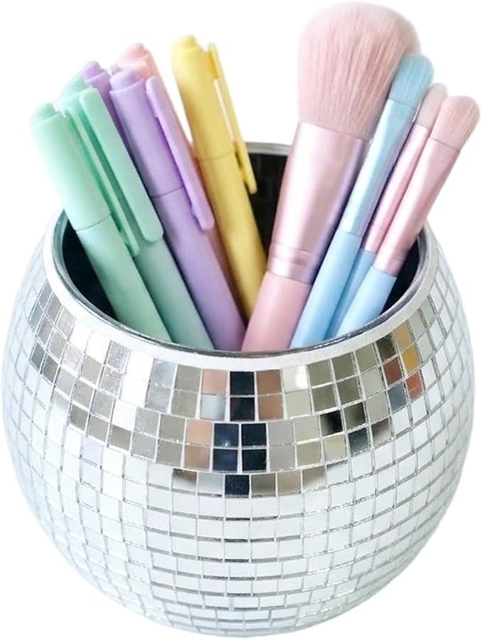 KAKUKAKU Disco Ball Makeup Brush Holder & Pen Cup - Fun Desk Accessories for Office, Cute Aesthetic Room Decor, Unique Gif...