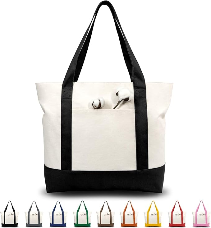 TOPDesign 1 | 3 | 6 | 30 Pack Canvas Tote Bag with an External Pocket, Reusable Grocery Shopping Bag, Top Zipper Closure, ...