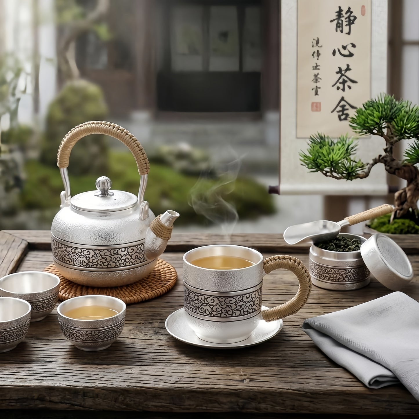 Pure 999 Fine Silver Handcrafted Silver Tea Cup with Engraved Cloud Pattern and Woven Grip Handle - Handicraft