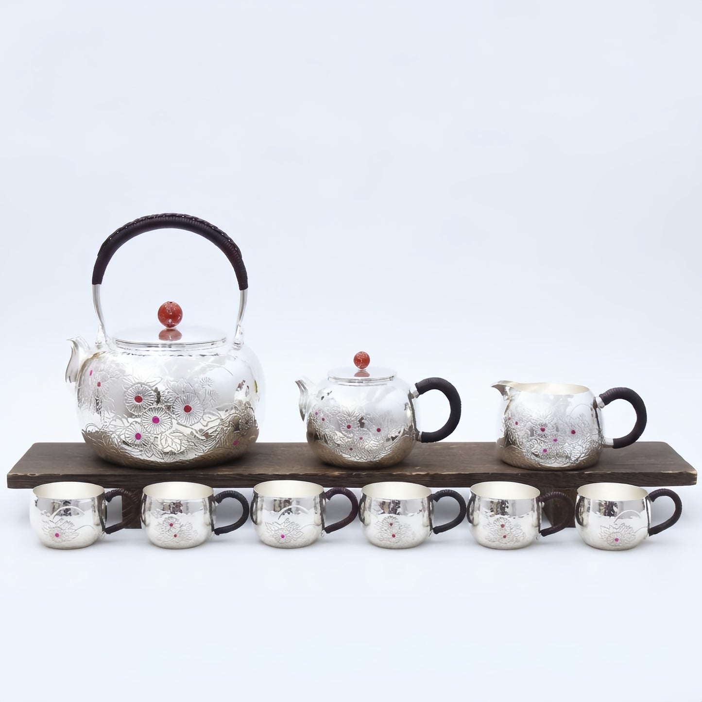 925 Sterling Silver Vintage  Tea Set with Floral Engraving and Red Accents - Handicraft
