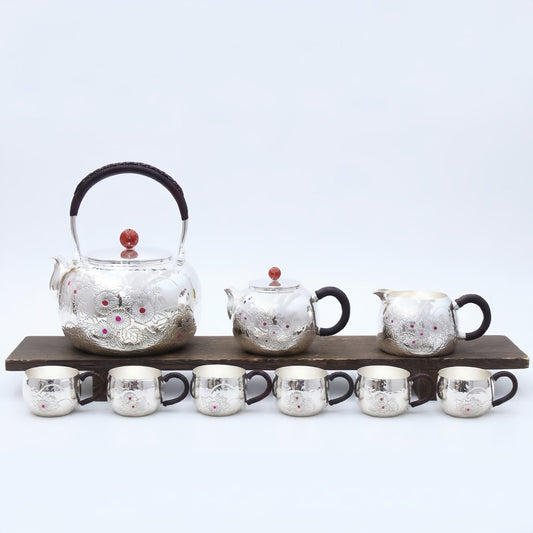 925 Sterling Silver Vintage  Tea Set with Floral Engraving and Red Accents - Handicraft