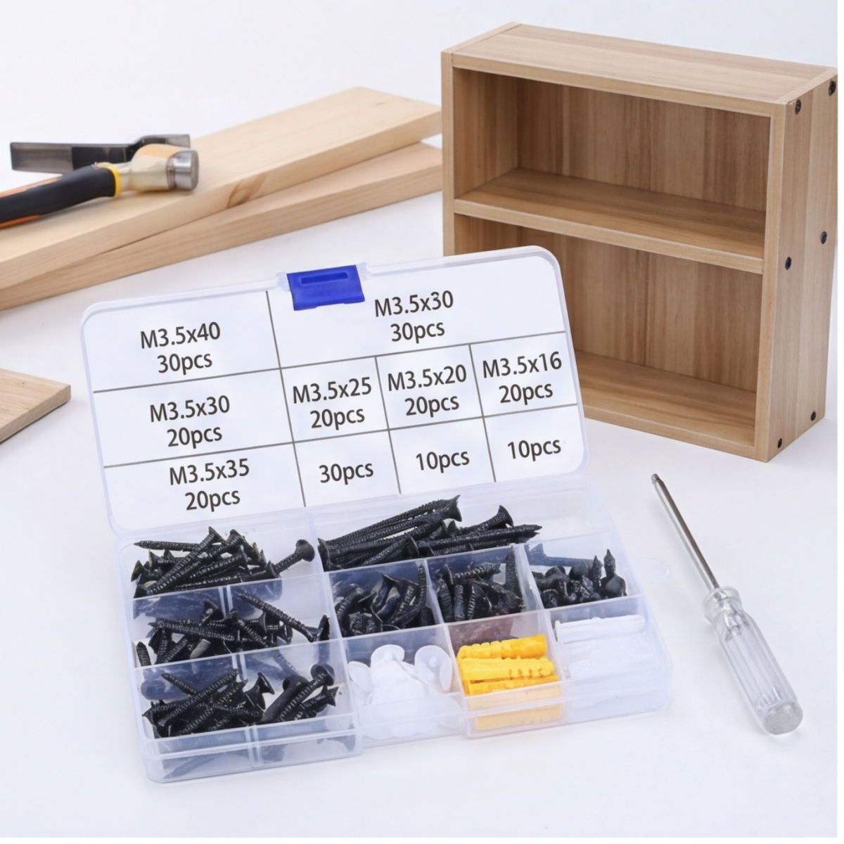 Self-Tapping Screw Set, 200-Piece Wood Screw Set With Storage Box And Phillips Screwdriver, For Furniture Repair And DIY Projects—Industrial Hardware