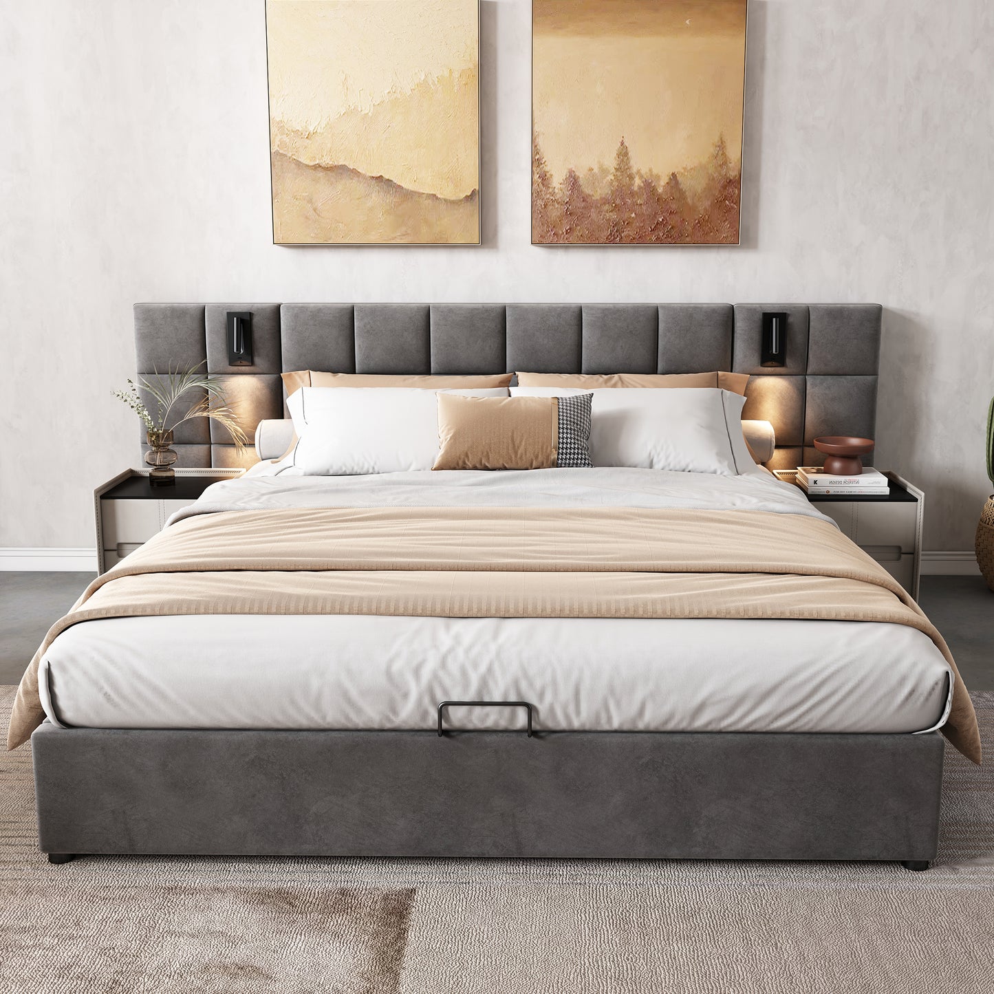 Upholstered Bed,Hydraulic Storage Bed With Directional Lamp And USB Charging,Wide And Foam-Filled Headboard,Checkerboard Pattern, Steel Frame, Without Bedside Stand,Velvet,160x200cm,Grey