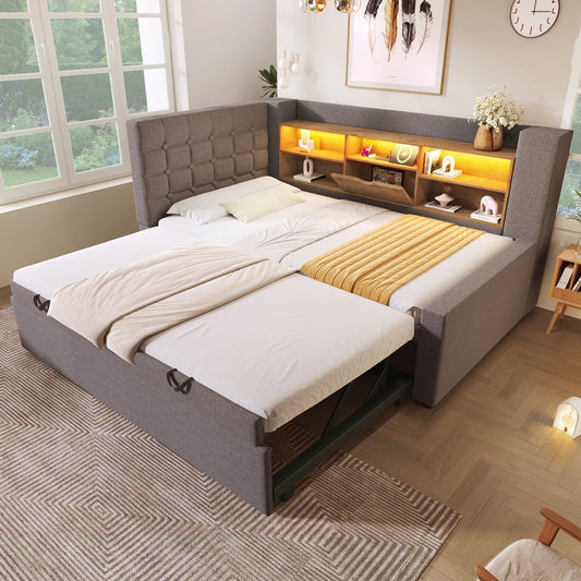 Daybed Upholstered Bed 90 X 190 Cm, 3FT Single Sofa Bed With Storage, USB &Type-C Charging Station, Pull Out Trundle For Living Room And Bedroom, Linen, Grey  No Mattress