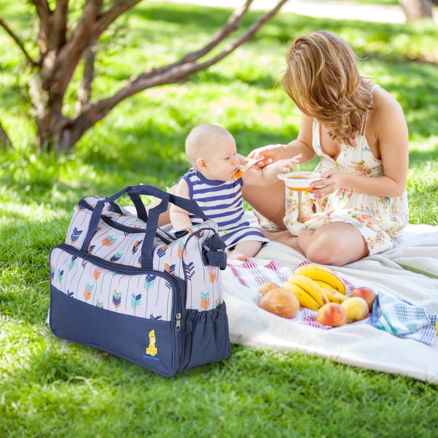 5Pcs Baby Nappy Diaper Bags Set For Picnic Mummy Diaper Handbags With Diaper Pad Food Bag Bottle Bag Travel Tote Bags For Mom Dad