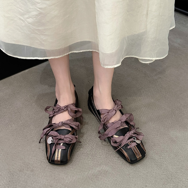 Women's French Minimalist Ballet Style Bowling Shoes, 2025 New Bow Lace-Up Mary Janes, Flat Sporty Pumps