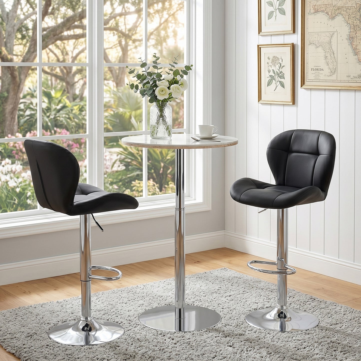 Set Of 2 Height Adjustable Bar Stools, Black PU Upholstered Tufted Back Chairs With Chrome-Plated Metal Base & Footrest For Kitchen Island, Bar, Pub