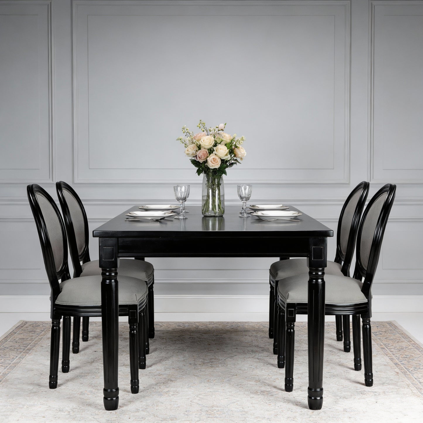 French Country Dining Chairs Set Of 2, Upholstered Chairs With Sponge Round Back , For Living Room, Kitchen , Restaurant Use, Black Solid Wood Frame,Light  Grey Fabric