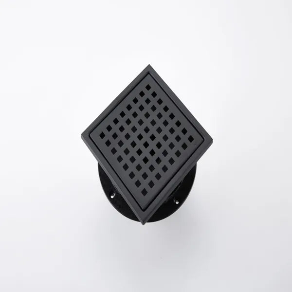 6 Inch Square Shower Drain With Removable Square Patterned Grate, 304 Stainless Steel With Flange And Hair Strainer, Matte Black